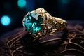 Close up of ring with green stone in it. Generative AI Royalty Free Stock Photo