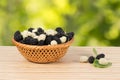 Close-up ripe black and white mulberries in wicker basket on the table on green leaves background.