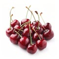 Close-up of ripe cherries with stems and water droplets, isolated on white background. Royalty Free Stock Photo