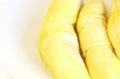 Close up of ripe durian with yellow golden on white plate with copy space, king of fruits and popular in Thailand