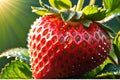 Close-up of a ripe, glistening strawberry dew-kissed and backlit by the morning sun, vibrant red