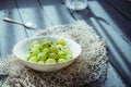 Close up ripe Green fresh gooseberry in ceramic bowl on rustic black wooden kitchen table back lightened by morning light. Farmer