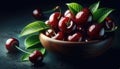 Fresh Cherries in Wooden Bowl, Healthy Eating Concept Royalty Free Stock Photo