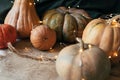 Close up ripe large pumpkins of various shapes with a garland