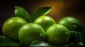 Close-up of ripe limes with green leaves. AI-generated.