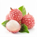 Close-up of ripe lychees, one peeled, revealing juicy white fruit, isolated on a white background. Royalty Free Stock Photo