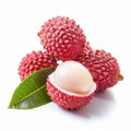 Close-up of ripe lychees, one peeled, revealing juicy white fruit, isolated on a white background.