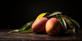 Close up of ripe mango fruits and leaves nicely decorated on a wooden table, AI generated