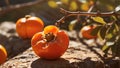 A close-up of a ripe, orange persimmon, its smooth skin glowing in the warm mountain sunlight.-