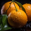 Close-up of ripe oranges with green leaves on a dark surface with water drops. AI-generated. Royalty Free Stock Photo