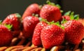 Close up Ripe Red Strawberries on wicker basket. Royalty Free Stock Photo