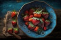 Close-up of ripe strawberries in a blue bowl on a rustic wooden board, perfect for summer desserts. Fresh red strawberries in a Royalty Free Stock Photo