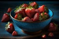 Close-up of ripe strawberries in a blue bowl on a rustic wooden board, perfect for summer desserts. Fresh red strawberries in a Royalty Free Stock Photo