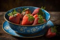 Close-up of ripe strawberries in a blue bowl on a rustic wooden board, perfect for summer desserts. Fresh red strawberries in a Royalty Free Stock Photo