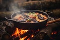 close-up of risotto cooking in cast iron pan over campfire