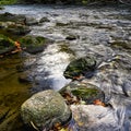 Close up of the river stones with autumn leaf colour and flowing water Royalty Free Stock Photo