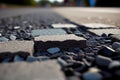 close-up of road surface repair, showing layers of new and old pavement materials