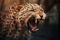 Close up of a roaring leopard isolated of transparent background. generative ai