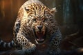 Close up of a roaring leopard isolated of transparent background. generative ai