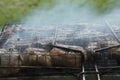 close-up: roast porkmeat inside grill on fire with smoke Royalty Free Stock Photo