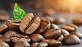 Close-up of roasted coffee beans. Aromatic caffeine seeds