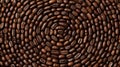 Close-up of roasted coffee beans arranged in a spiral pattern, showcasing texture, gloss, and rich brown tones in a Royalty Free Stock Photo