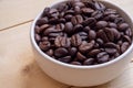 Close-up roasted coffee beans, seeds on wooden background with copy space using for drink menu ingredient, espresso, cappucino,