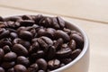 Close-up roasted coffee beans, seeds on wooden background with copy space using for drink menu ingredient, espresso, cappucino, Royalty Free Stock Photo