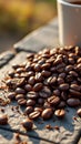 Close-up of roasted coffee beans spread on rustic surface with warm sunlight Royalty Free Stock Photo