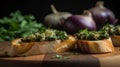 Close-up of roasted green garlic crostini