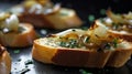 Close-up of roasted green garlic crostini