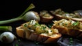 Close-up of roasted green garlic crostini