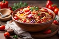 Close-up of Roasted pepper and chorizo orzo salad includes red peppers, red onion, chorizo, cherry tomatoes, and orzo pasta
