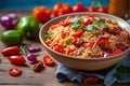 Close-up of Roasted pepper and chorizo orzo salad includes red peppers, red onion, chorizo, cherry tomatoes, and orzo pasta