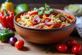 Close-up of Roasted pepper and chorizo orzo salad includes red peppers, red onion, chorizo, cherry tomatoes, and orzo pasta