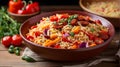 Close-up of Roasted pepper and chorizo orzo salad includes red peppers, red onion, chorizo, cherry tomatoes, and orzo pasta
