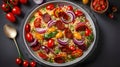 Close-up of Roasted pepper and chorizo orzo salad includes red peppers, red onion, chorizo, cherry tomatoes, and orzo pasta