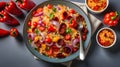 Close-up of Roasted pepper and chorizo orzo salad includes red peppers, red onion, chorizo, cherry tomatoes, and orzo pasta