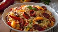 Close-up of Roasted pepper and chorizo orzo salad includes red peppers, red onion, chorizo, cherry tomatoes, and orzo pasta