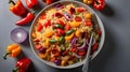 Close-up of Roasted pepper and chorizo orzo salad includes red peppers, red onion, chorizo, cherry tomatoes, and orzo pasta