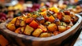 Close-up of Roasted Root Vegetables in a Wooden Bowl Royalty Free Stock Photo