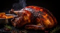 A close-up of a roasted turkey with crispy skin