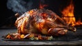 A close-up of a roasted turkey with crispy skin