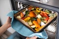 Close Up Of Roasting Tray Of Vegetables For Vegan Meal In Oven Royalty Free Stock Photo