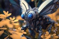 Close up of a robot butterfly sitting on a flower in the outdoor. Generative AI