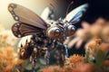 Close up of a robot butterfly sitting on a flower in the outdoor. Generative AI