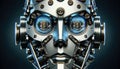 Close up robot face with Bitcoin symbol in both eyes, digital world, crypto currency, generative ai, future concept, web3,