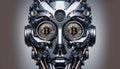 Close up robot face with Bitcoin symbol in both eyes, digital world, crypto currency, generative ai, future concept, web3,