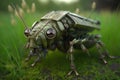 Close up of a robot grass hopper in the outdoor. Generative AI Royalty Free Stock Photo