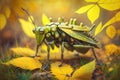 Close up of a robot grass hopper in the outdoor. Generative AI Royalty Free Stock Photo